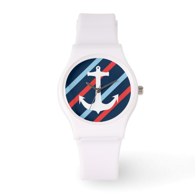 Nautic chic anker marineblau rote Streifen Armbanduhr (Vorderseite)