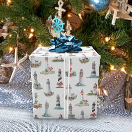 Nautic Christmas Lighthouses White Geschenkpapier