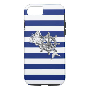 Nautic Chrome Mermaid auf Navy Stripes Print Case-Mate iPhone Hülle