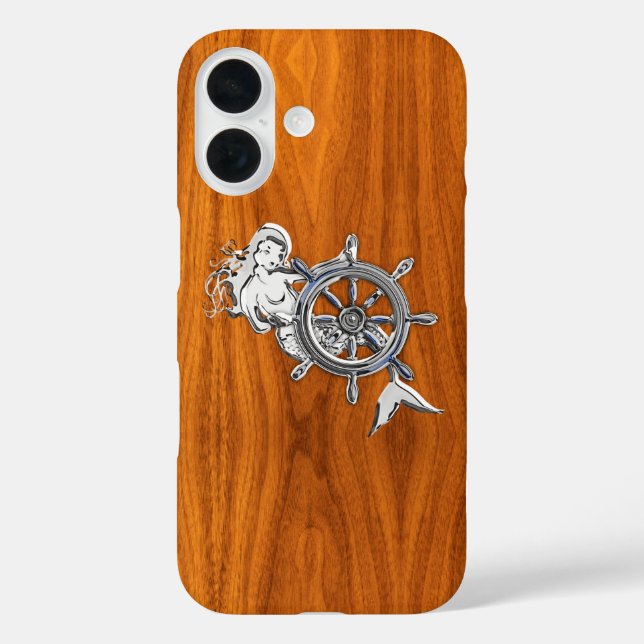 Nautic Chrome Mermaid auf Teak Wood Print Case-Mate iPhone Hülle (Rückseite)
