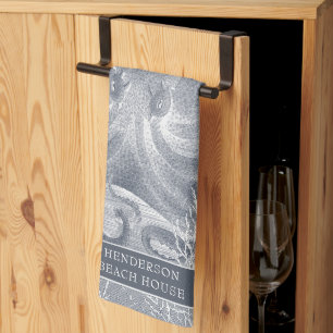 Nautic Coastal Beach House Blue White Octopus Geschirrtuch