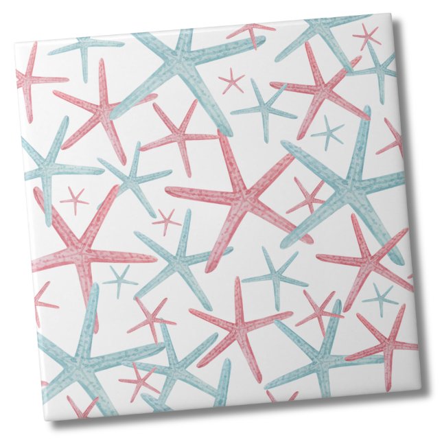 Nautic Coastal Beach Pattern Fliese (Teal Pink Nautical Starfish Shell Beach Pattern Ceramic Tile)
