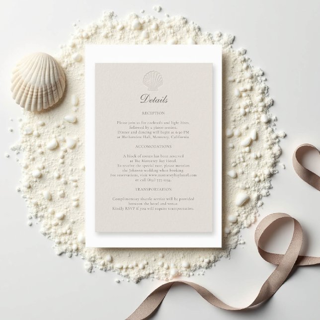 Nautic Coastal Muschel Formal Wedding Details Ecru Begleitkarte (nautical wedding reception details ecru coastal modern classic formal traditional elegant shell)