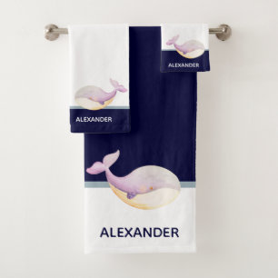 Nautic Coastal Navy Blue Gray White Pink Whale Badhandtuch Set