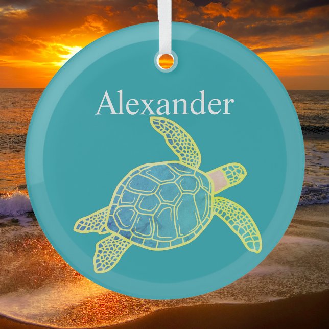 Nautic Coastal Sea Turtle Blue Yellow Aquamarin Ornament Aus Glas (Von Creator hochgeladen)