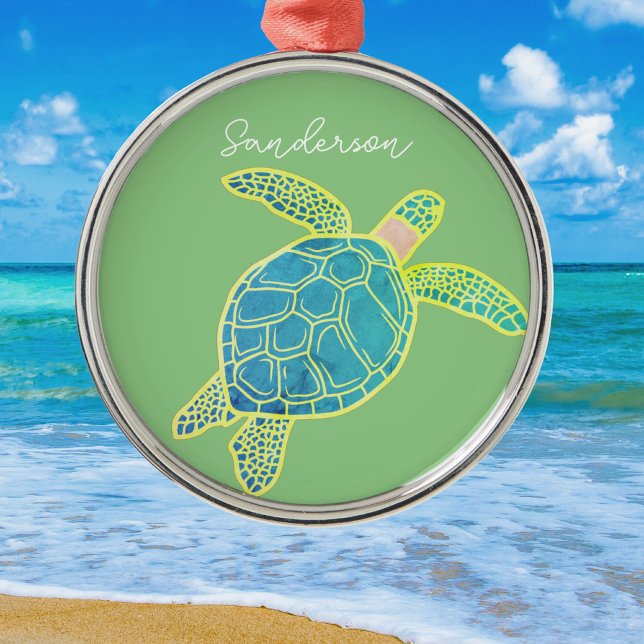 Nautic Coastal Sea Turtle Blue Yellow Green Ornament Aus Metall (Von Creator hochgeladen)
