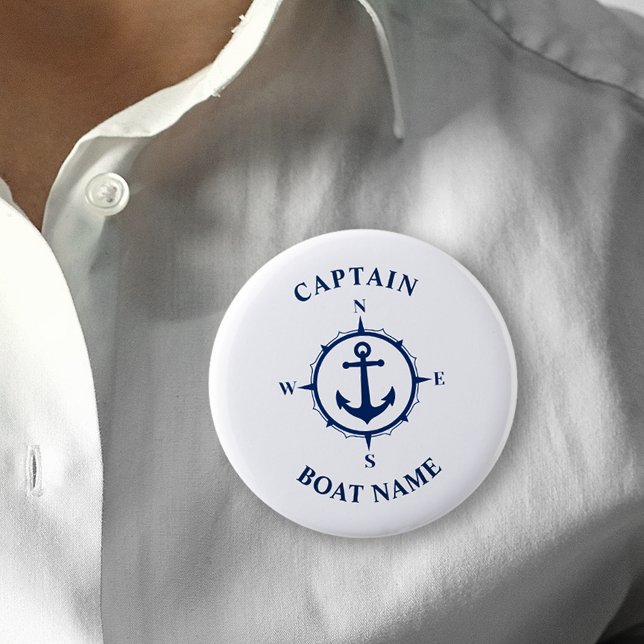 Nautic Compass Anchor Captain Boat Name Navy Button (Several sizes and shapes to choose from.)