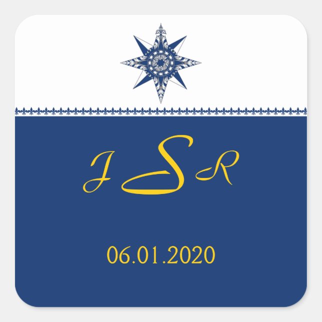 Nautic Compass Navy Yellow Monogram Sticker (Vorderseite)