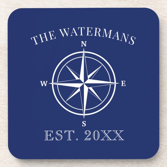 Nautic Compass Rose Family Name Navy Blue Getränkeuntersetzer (Vorderseite)