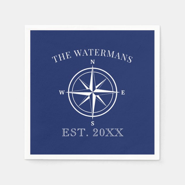 Nautic Compass Rose Family Name Navy Blue Serviette (Vorderseite)