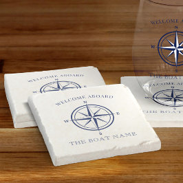 Nautic Compass Rose Navy Blue Boat Name Steinuntersetzer