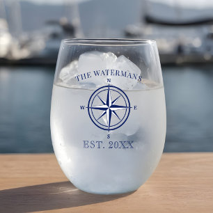 Nautic Compass Rose Navy Blue Familienname Weinglas Ohne Stiel