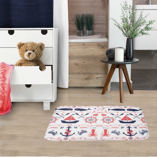 Nautic Coral Orange Navy Whales Ropes und Banner Badematte (Von Creator hochgeladen)