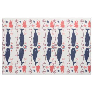 Nautic Coral Orange Navy Whales Ropes und Banner Stoff