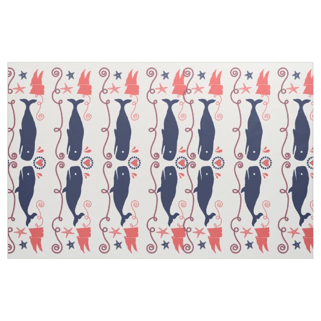 Nautic Coral Orange Navy Whales Ropes und Banner Stoff (Fat Quarter (45,7 x 55,9 cm))