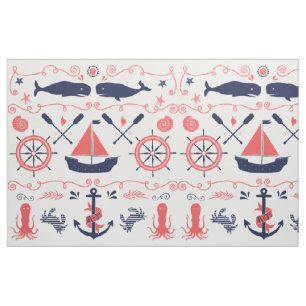 Nautic Coral Orange Navy Whales Ropes und Banner Stoff