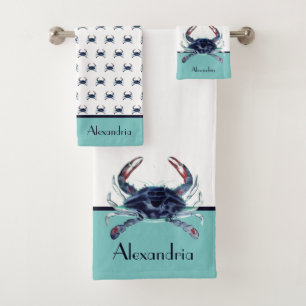 Nautic Crab Navy Aquamarin White Bath Handtuch Set