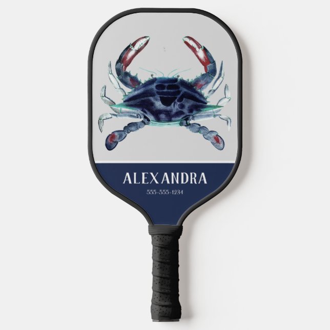 Nautic Crab Navy Blue White Monogram Name Pickleball Schläger (Vorderseite)