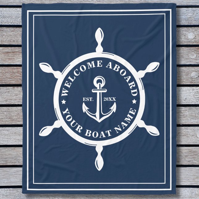 Nautic Custom Boat Name Anchor Wheel Navy Blue Fleecedecke (Nautical Custom Boat Name Anchor Wheel Navy Blue Fleece Blanket)