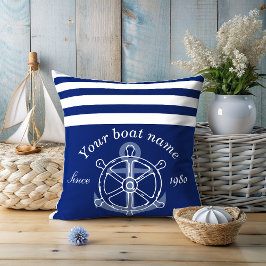Nautic Custom Boat Name Anchor Wheel Navy Blue Kissen