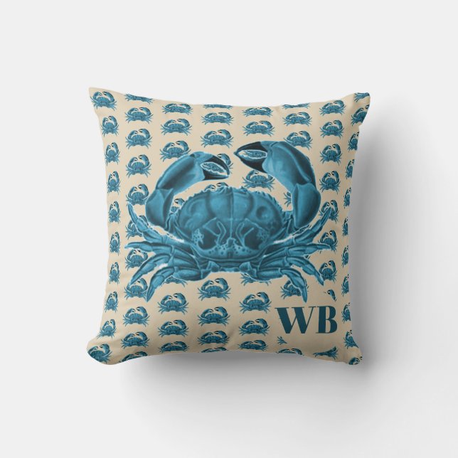 Nautic Custom Monogram Crab in Blue and Tan Kissen (Vorderseite)