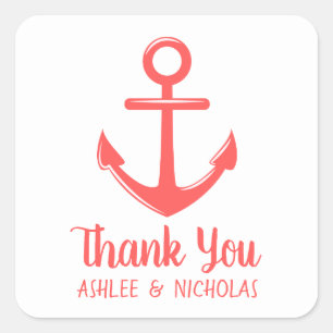 Nautic Dankeschön Anchor Pink Red Coral Wedding Quadratischer Aufkleber