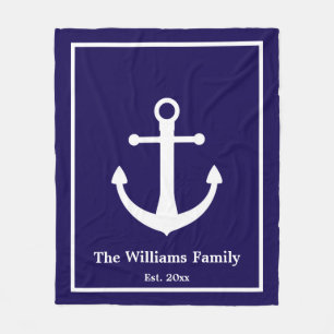 Nautic Dark Blue & White Anchor & Nachname Fleecedecke