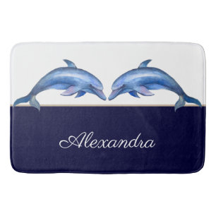 Nautic Delphin Watercolor Weißer Navy Blauer Name Badematte