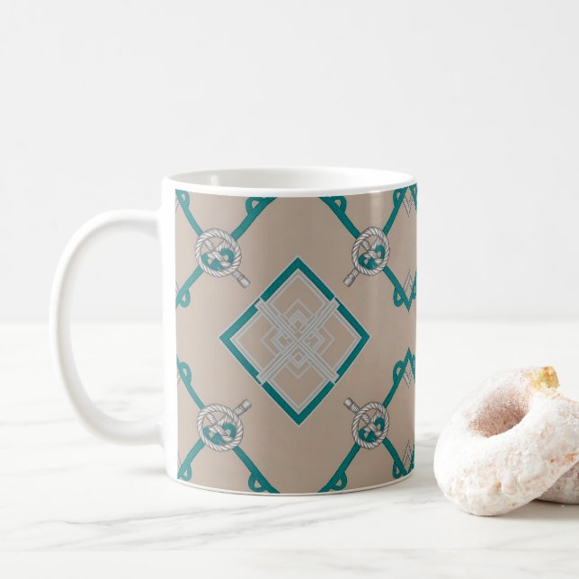 Nautic Diamond Knoten Aquamarin, Beige, Weiß Kaffeetasse (Mit Donut)