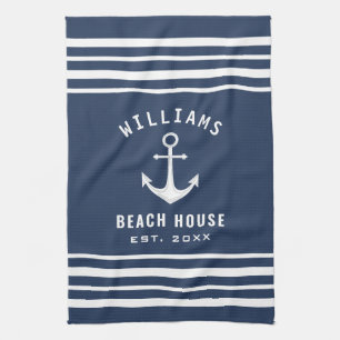 Nautic Familienname Beach House Navy Blue White Geschirrtuch