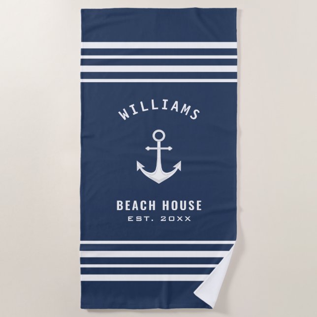 Nautic Familienname Beach House Navy Blue White Strandtuch (Vorderseite)