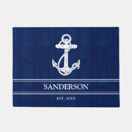 Nautic Family Name Lake House Anchor Blue Wood Fußmatte