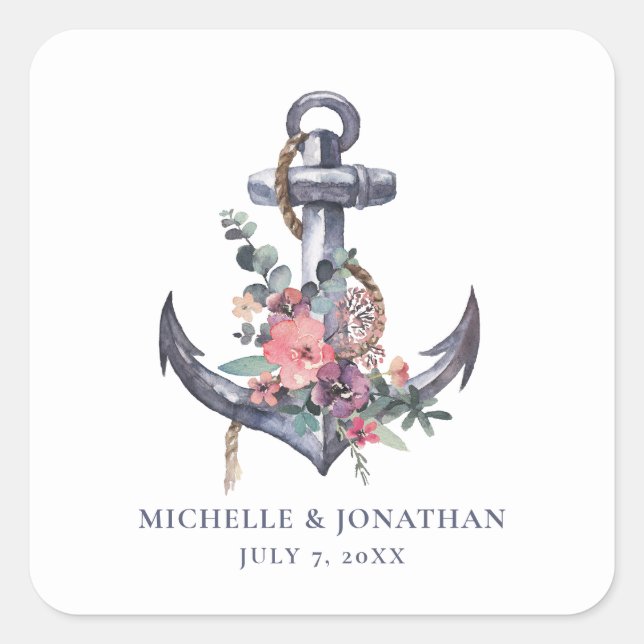 Nautic Floral Anchor Hochzeitsgeschenk Gunst Bag Quadratischer Aufkleber (Vorderseite)