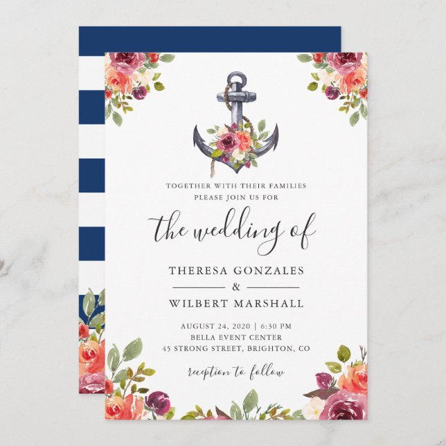 Nautic Floral Anchor Navy Blue Stripes Wedding Einladung (Vorne/Hinten)