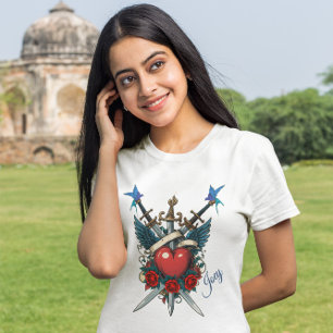 Nautic Floral Red Heart Blue T-Shirt