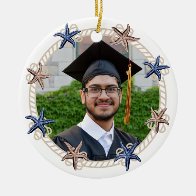 Nautic Foto Navy Blue White Stripes Abschluss Keramik Ornament (Vorne)