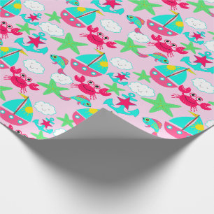 Nautic Gift Wrap Blue Pink Yellow Green Crabs Geschenkpapier