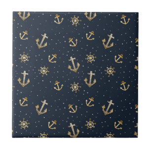 Nautic Gold Anchor & Helm Muster auf Blue Fliese