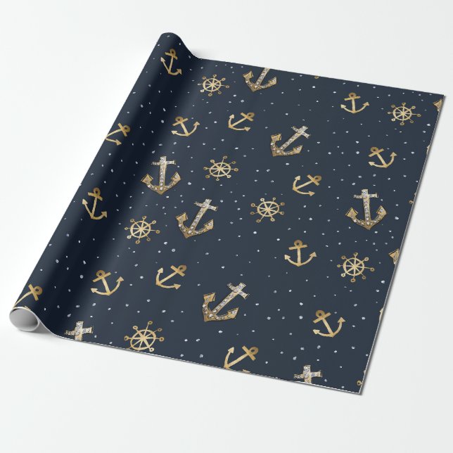 Nautic Gold Anchor & Helm Muster auf Blue Geschenkpapier (Ungerollt)