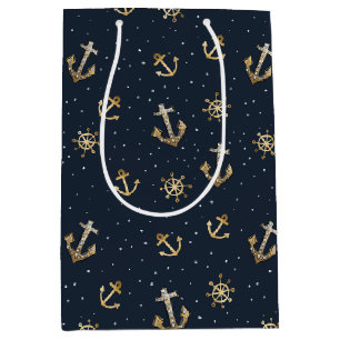 Nautic Gold Anchor & Helm Muster auf Blue Mittlere Geschenktüte