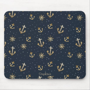 Nautic Gold Anchor & Helm Muster auf Blue Mousepad