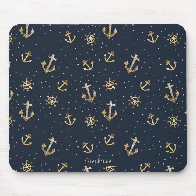 Nautic Gold Anchor & Helm Muster auf Blue Mousepad (Vorne)