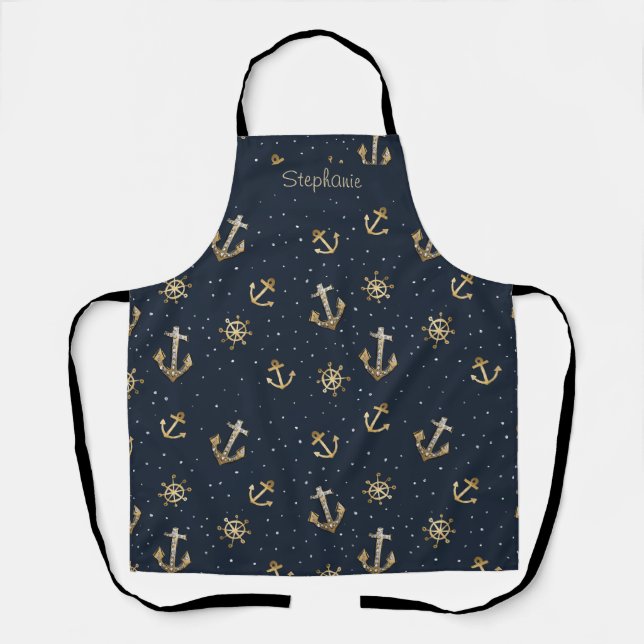 Nautic Gold Anchor & Helm Muster auf Blue Schürze (Vorderseite)