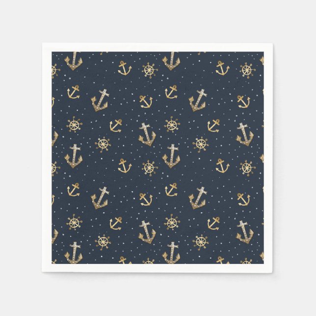 Nautic Gold Anchor & Helm Muster auf Blue Serviette (Vorderseite)