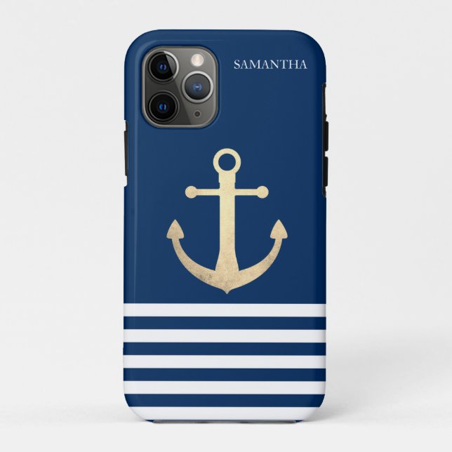 Nautic, Gold Anchor Navy Blue Striping Case-Mate iPhone Hülle (Rückseite)