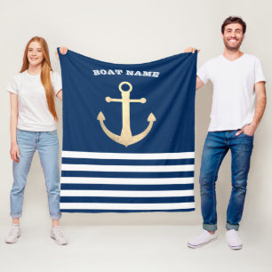 Nautic, Gold Anchor Navy Blue Striping Fleecedecke
