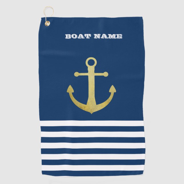 Nautic, Gold Anchor Navy Blue Striping Golfhandtuch (Vorderseite)
