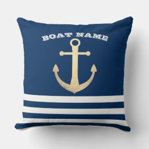 Nautic, Gold Anchor Navy Blue Striping Kissen