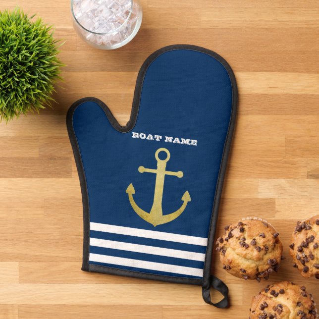 Nautic, Gold Anchor Navy Blue Striping Ofenhandschuh (Oben unten)