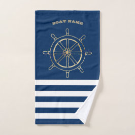 Nautic, Gold Boat Wheel, Navy Blue Stripes Badhandtuch Set